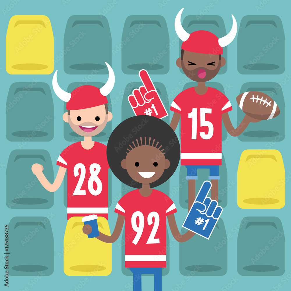Stadium crowd. Interracial characters wearing american football