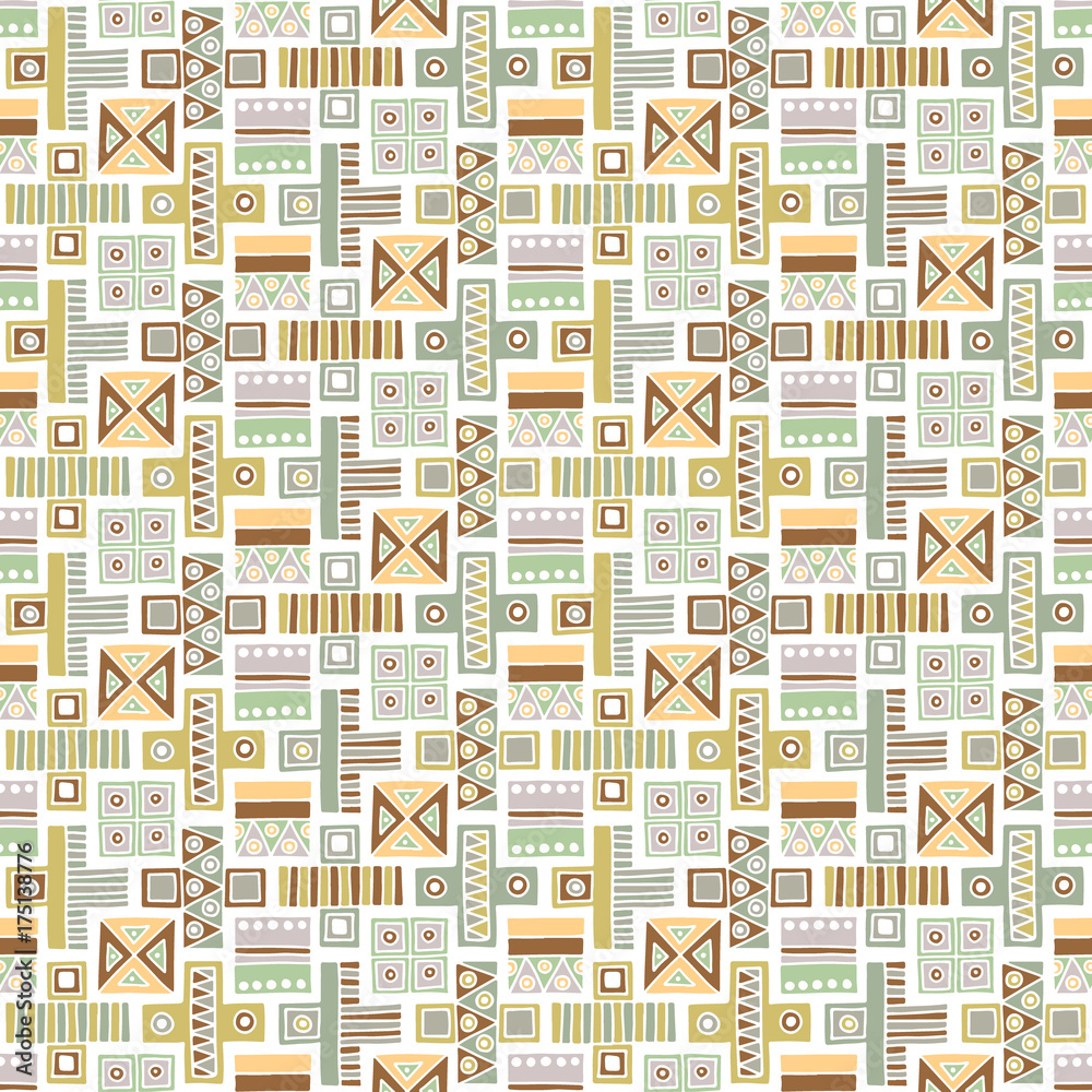 Seamless vector pattern. Geometrical background with hand drawn decorative tribal elements in vintage brown pastel colors. Print with ethnic, folk, traditional motifs. Graphic vector illustration.