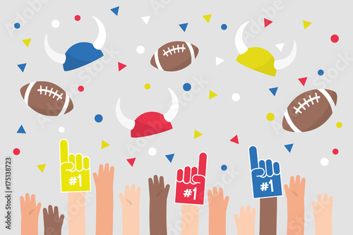 Stadium crowd. Raised hands wearing foam fingers. American football fans / flat editable vector illustration, clip art