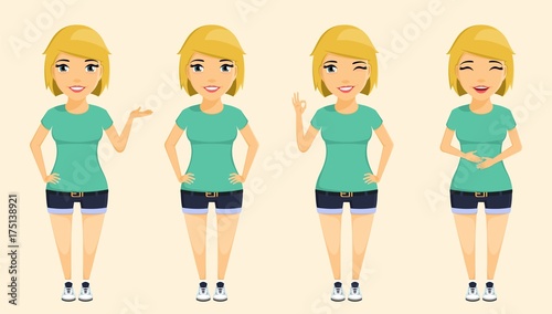 Young attractive blond girl expresses different emotions. Positive emotions. Smile, wink, self-confident, holding his stomach from laughter. In flat style. Cartoon.