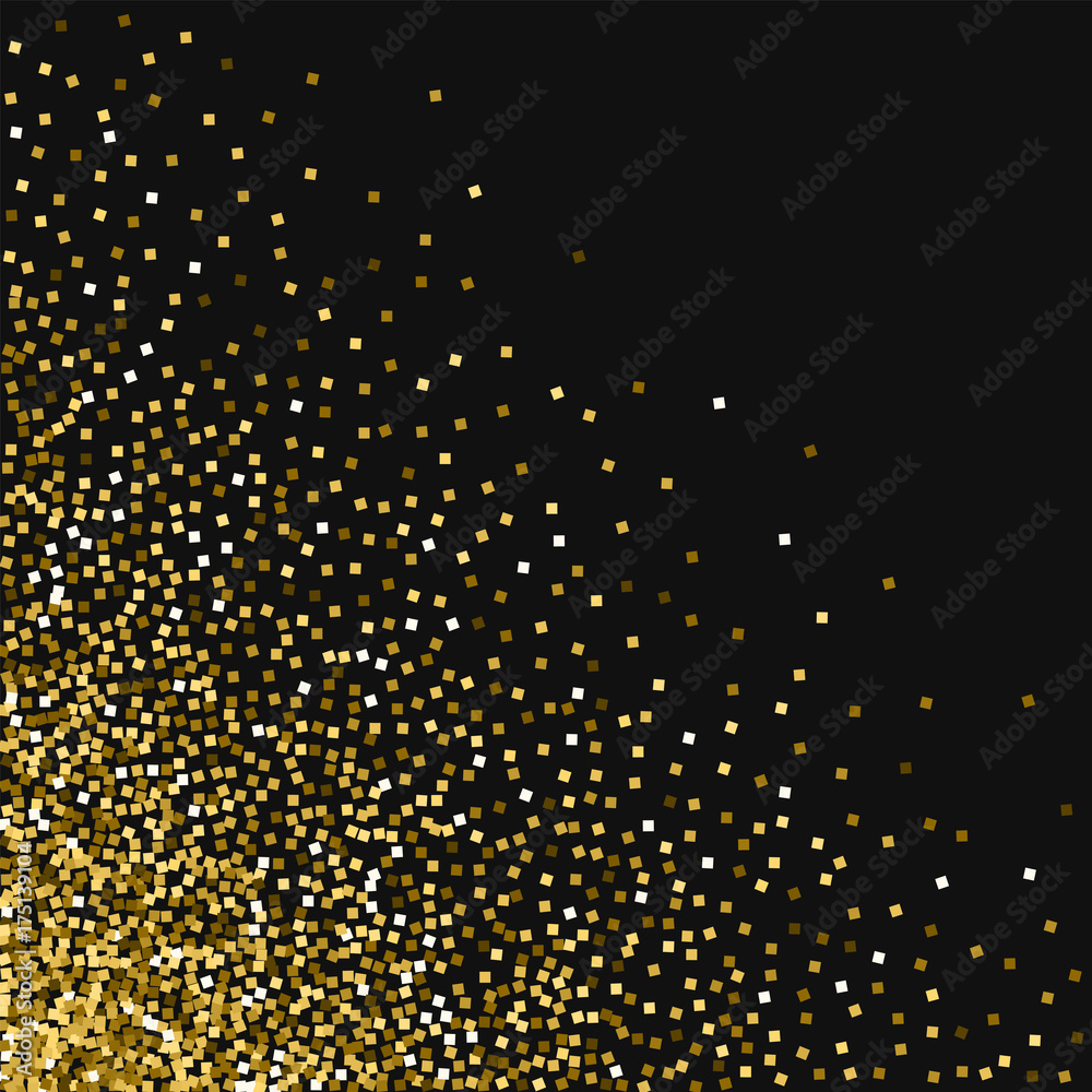 Gold glitter. Scattered bottom left corner with gold glitter on black background. Elegant Vector illustration.