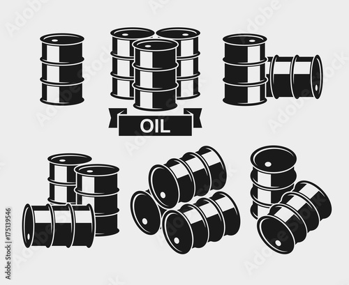 Oil barrel label collection set. Vector