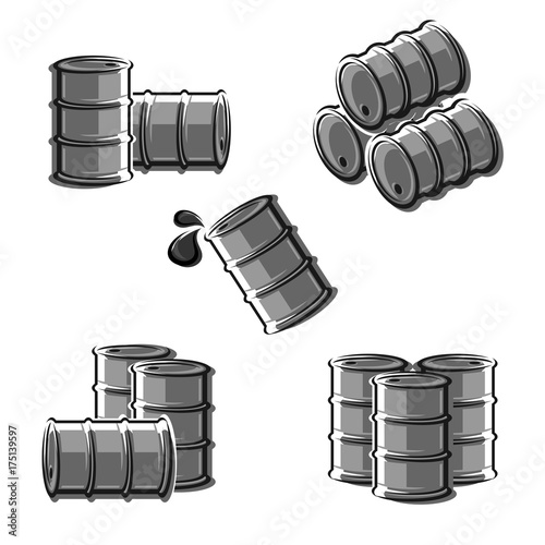 Oil barrel label collection set. Vector