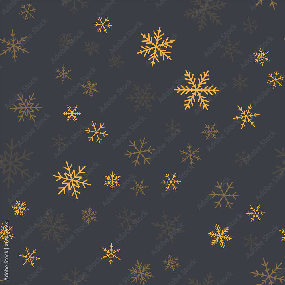 Orange snowflakes seamless pattern on grey Christmas background. Chaotic scattered orange snowflakes. Bewitching Christmas creative pattern. Vector illustration.