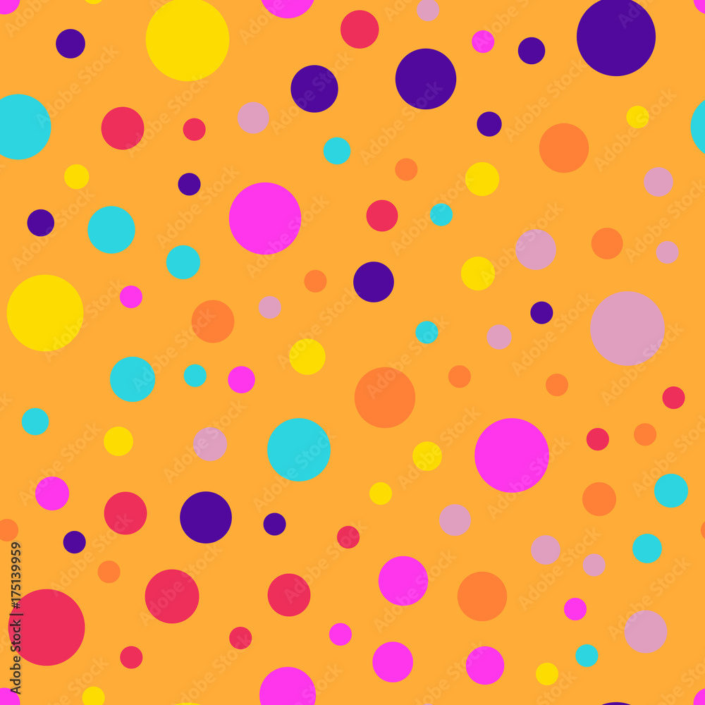 Memphis style polka dots seamless pattern on orange background. Glamorous modern memphis polka dots creative pattern. Bright scattered confetti fall chaotic decor. Vector illustration.