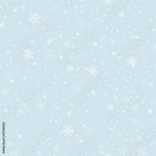 Magic snowflakes seamless pattern on light blue Christmas background. Chaotic scattered magic snowflakes. Sightly Christmas creative pattern. Vector illustration.