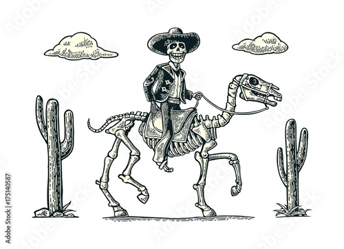 The rider in the Mexican man national costumes galloping on skeleton horse.