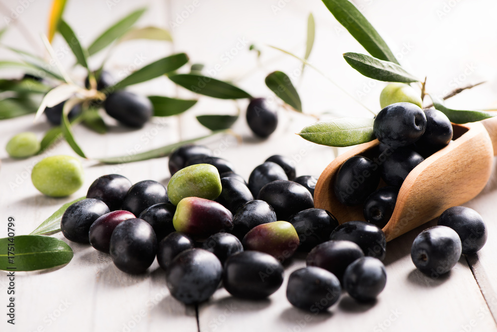 Fresh Black Olives On An Olive Branch With Leaves Fresh Black Olives On An Olive Branch With Leaves