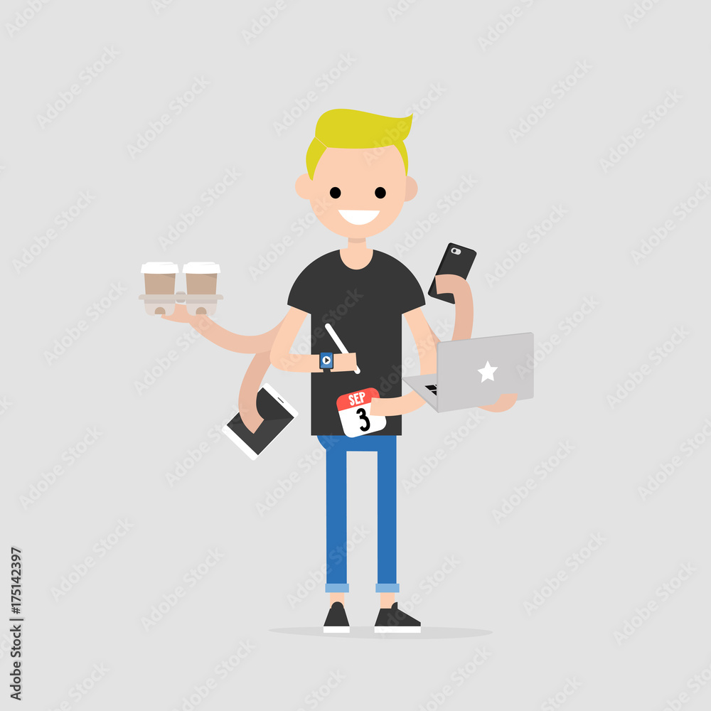 Intern, conceptual illustration. Multitasking millennial concept. Young character with six hands doing a lot of tasks at the same time / flat editable vector illustration Intern, conceptual illustration. Multitasking millennial concept. Young character with six hands doing a lot of tasks at the same time / flat editable vector illustration