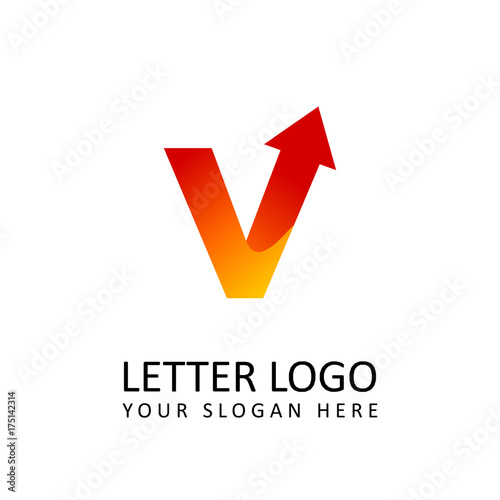 letter V logo template orange round ribbon with arrow head