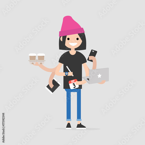 Intern, conceptual illustration. Multitasking millennial concept. Young female character with six hands doing a lot of tasks at the same time  / flat editable vector illustration