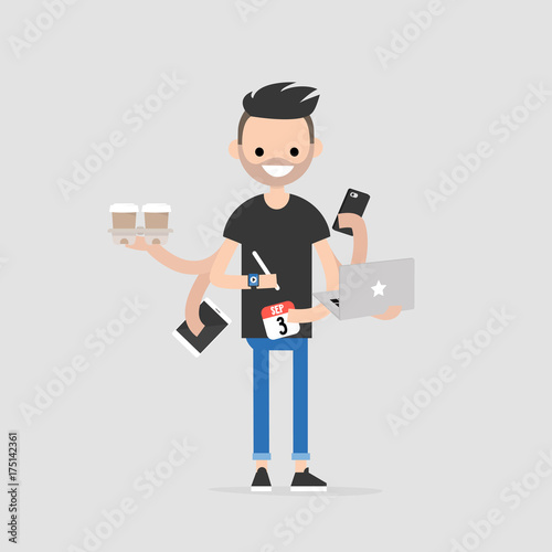 Intern, conceptual illustration. Multitasking millennial concept. Young character with six hands doing a lot of tasks at the same time  / flat editable vector illustration