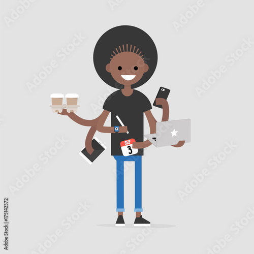 Intern, conceptual illustration. Multitasking millennial concept. Young black girl with six hands doing a lot of tasks at the same time  / flat editable vector illustration