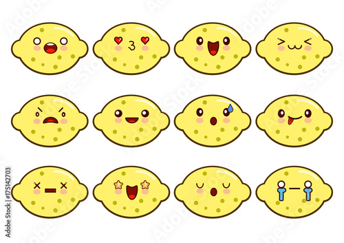 Lemon character funny cartoon set with different emotions on the kawaii face. Flat design Vector Illustration