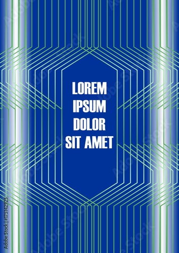 Blue abstract flyer template. Poster with green line patterns on dark blue background, leaflet or cover design with place for own text