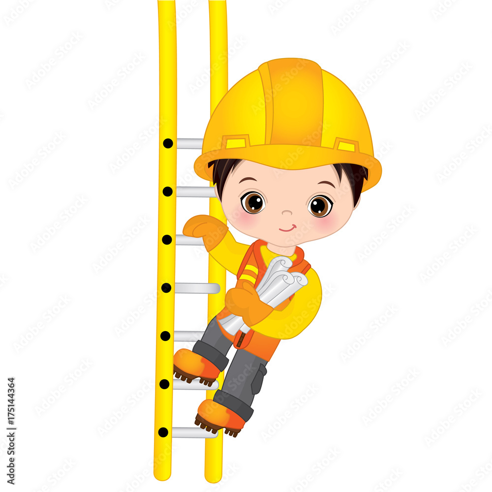Vector Cute Little Boy Climbing up the Ladder. Vector Little Builder