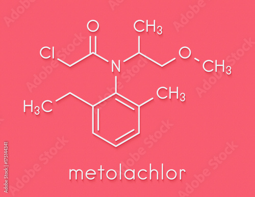 Metolachlor herbicide (weed killer) molecule. Skeletal formula. photo