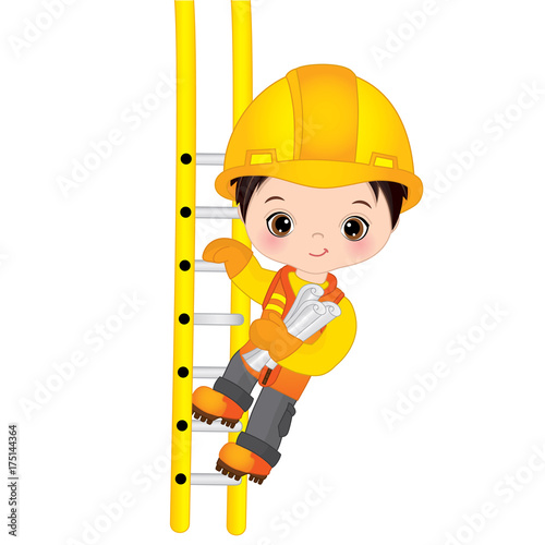 Vector Cute Little Boy Climbing up the Ladder. Vector Little Builder
