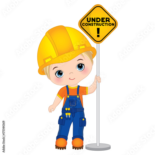 Vector Cute Little Boy Holding the Sign - Under Construction. Vector Little Builder