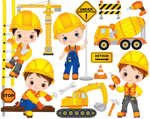 Vector Construction Set with Little Builders, Transport and Tools