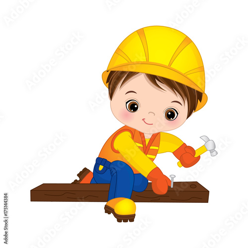 Vector Cute Little Boy Hammering Nails. Vector Little Builder