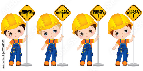 Vector Cute Little Boys Holding the Sign - Under Construction. Vector Little Builders