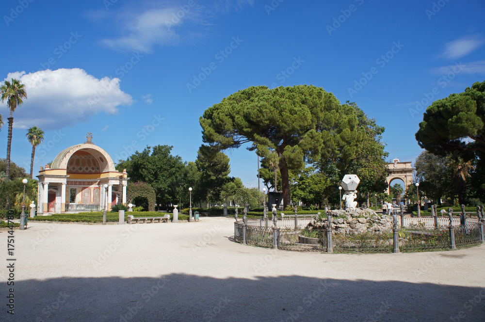 The southern exedra and the central fountain of the Villa Giulia park (Villa del Popolo, Villa Flor) in Palermo, Sicily, Italy