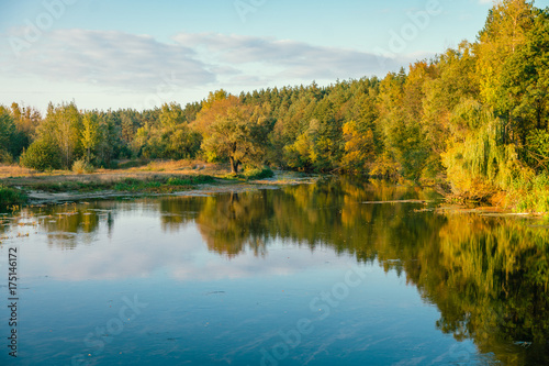 Nature of Europe. River bank with trees in autumn sunset.