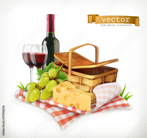 Time for a picnic, nature, outdoor recreation, a tablecloth and picnic basket, wine glasses, cheese and grapes, vector illustration