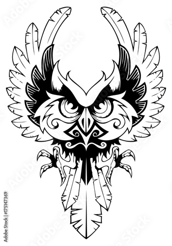 Owl spreading its wings, tattoo, vector illustration