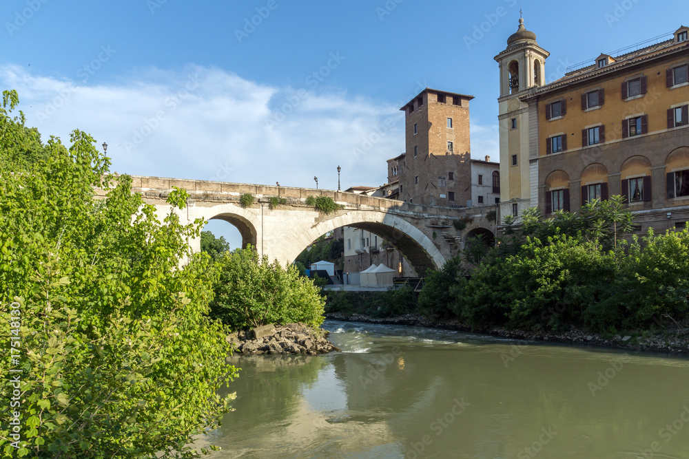 Fototapeta premium Amazing view of Castello Caetani, Tiber River and Pons Fabricius in city of Rome, Italy