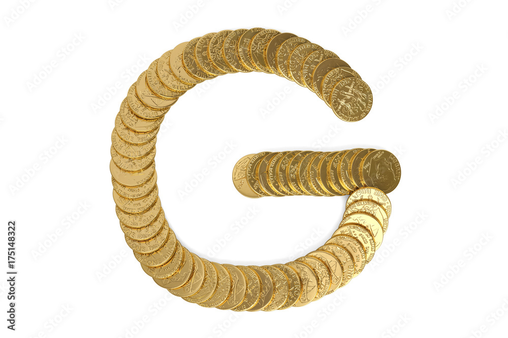 Alphabet from the golden coins isolated on white including clipping path.3D illustration.