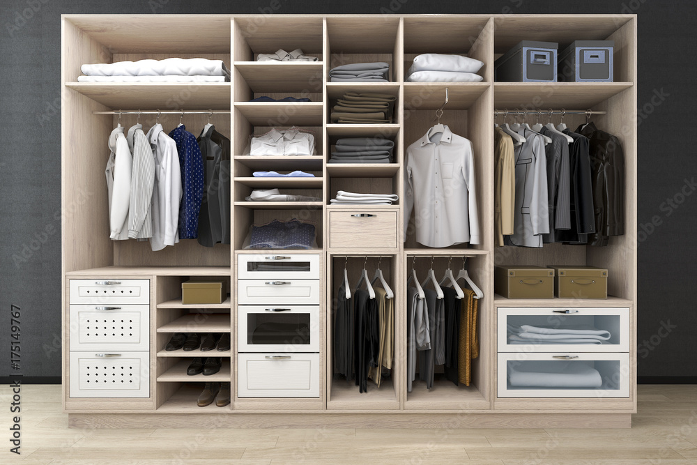 3d rendering minimal scandinavian walk in closet with wood wardrobe 3d rendering minimal scandinavian walk in closet with wood wardrobe