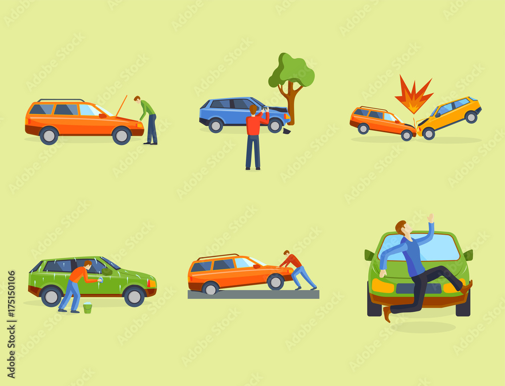Naklejka premium Car crash collision traffic insurance safety automobile emergency disaster and emergency disaster speed repair transport vector illustration.