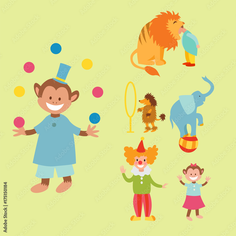 Φωτογραφία Circus funny animals set of vector icons cheerful zoo entertainment collection juggler pets magician performer carnival illustration