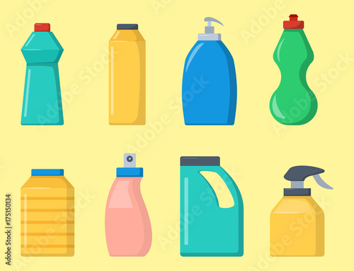 Bottles of household chemicals supplies cleaning housework liquid domestic fluid cleaner pack vector illustration.