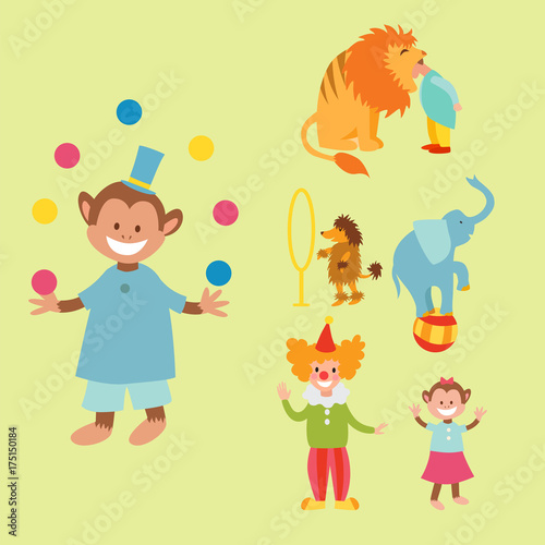 Circus funny animals set of vector icons cheerful zoo entertainment collection juggler pets magician performer carnival illustration.