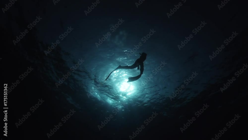 Low angle, scuba diver silhouette swims to surface