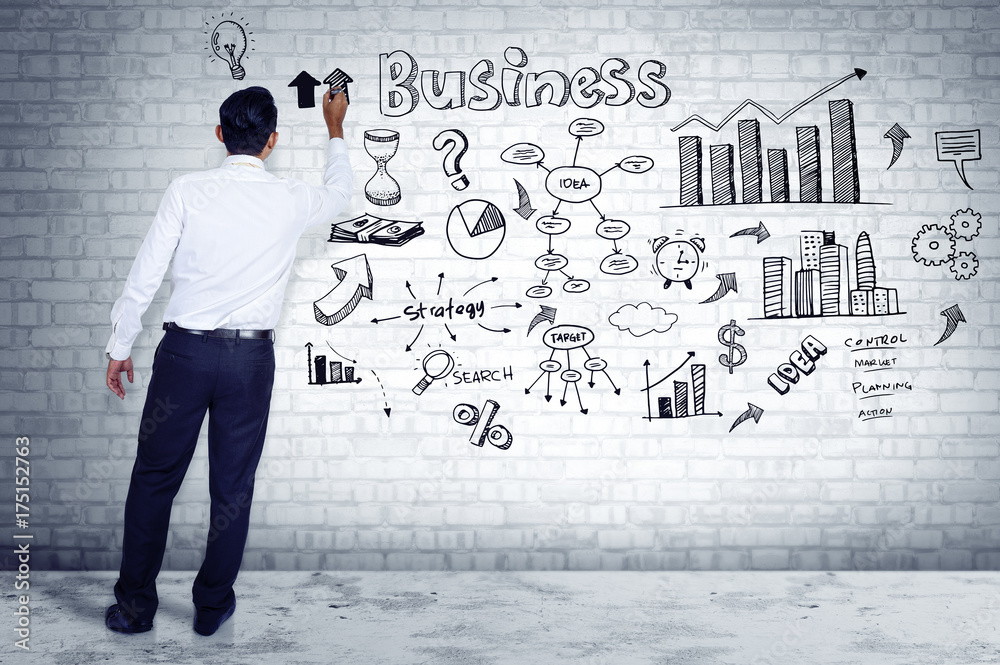 Manager pointing Business strategy presentation on white wall background. Manager pointing Business strategy presentation on white wall background.