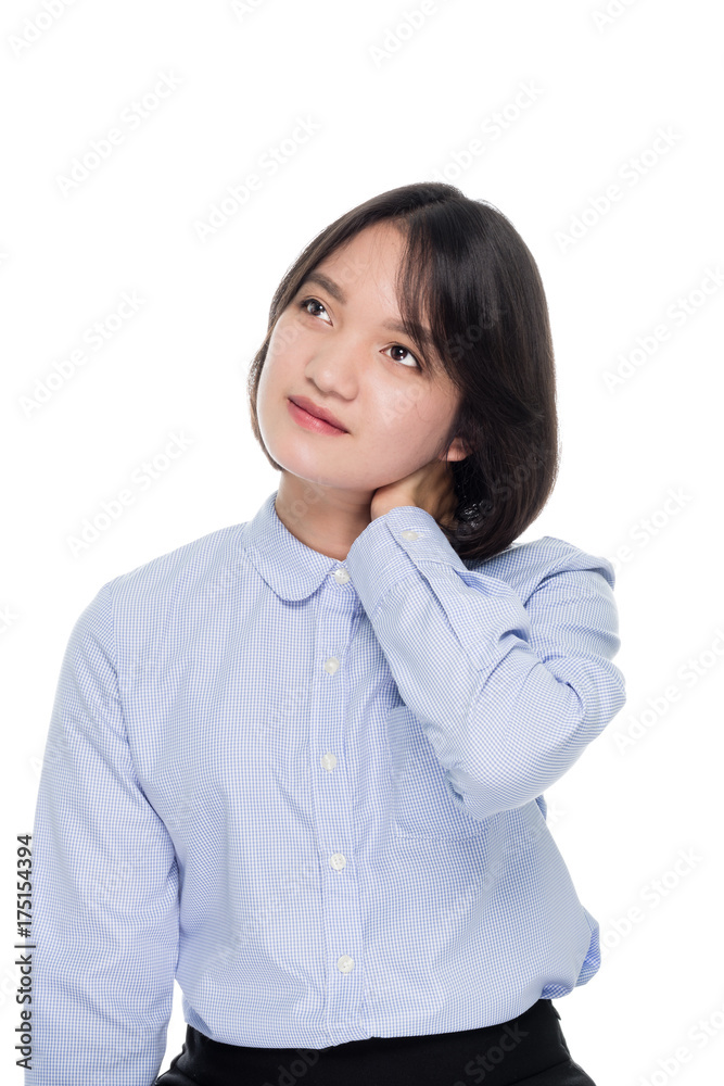 Beautiful asian businesswoman having a neck pain, portrait studio on white background Beautiful asian businesswoman having a neck pain, portrait studio on white background