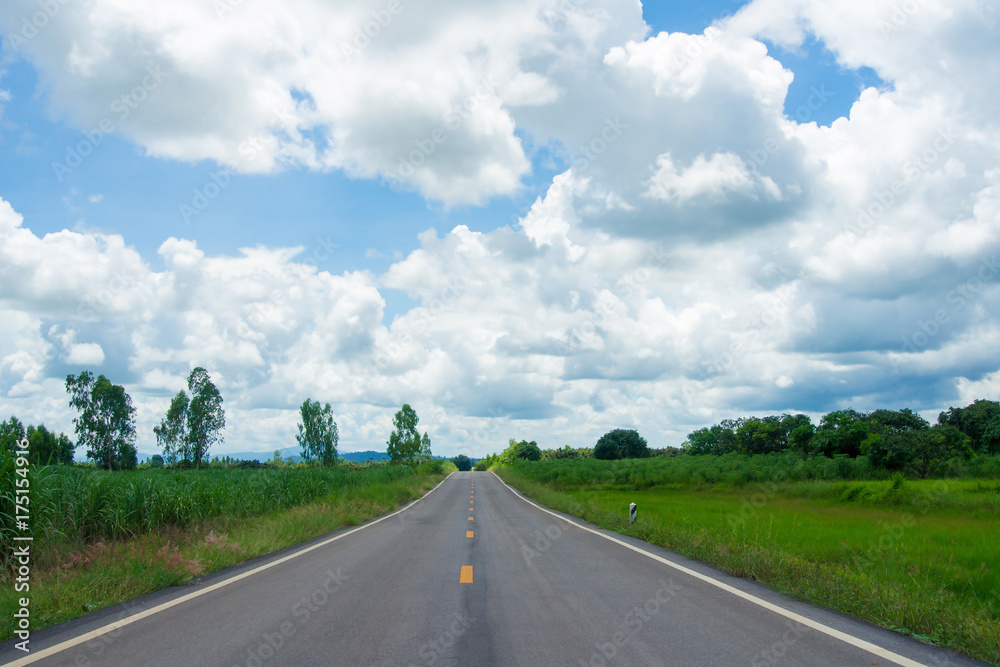 The asphalt road is the straightest line to see the sky with white clouds.