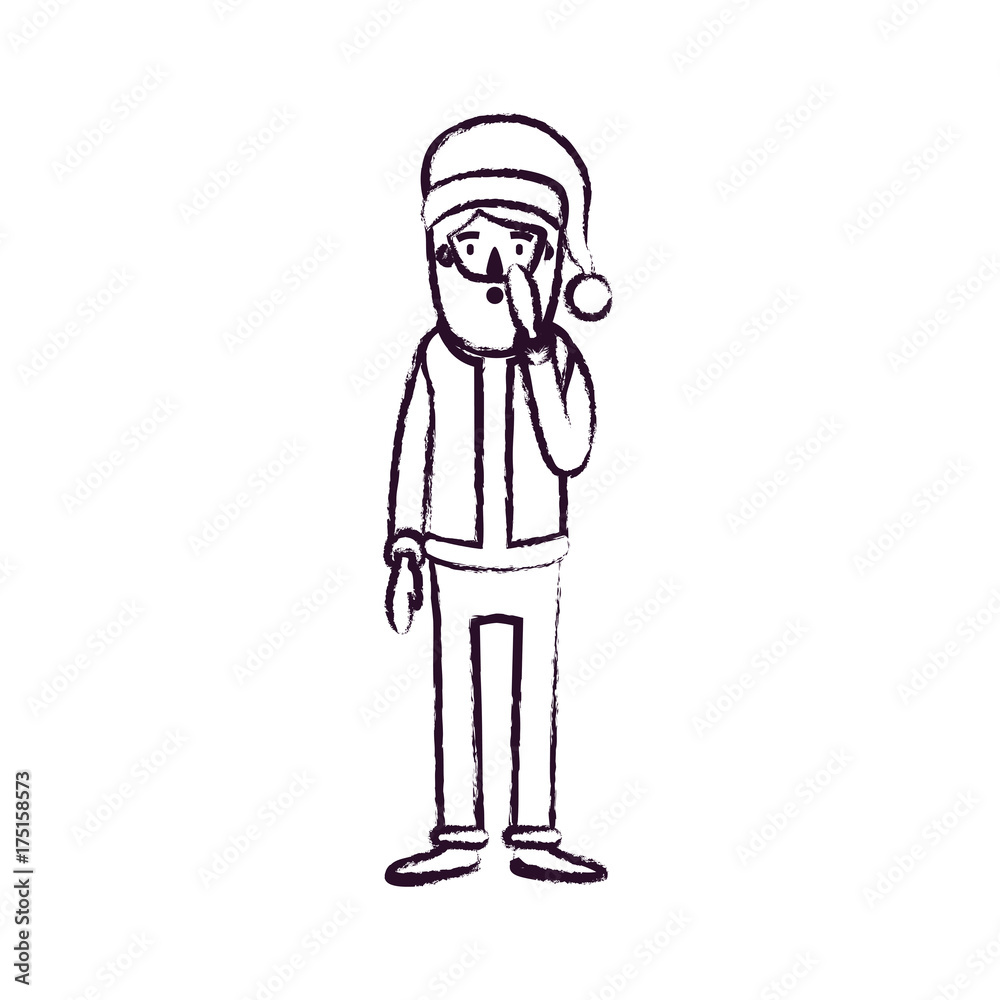 santa claus caricature full body with surprised expression with hat and costume blurred silhouette on white background