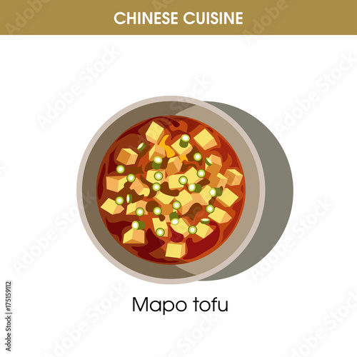 Chinese cuisine Mapo tofu traditional dish food vector icon for restaurant menu