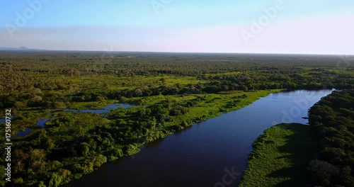 Wallpaper Mural Aerial image of green forest with horizon. Brown river with blue sky reflection. Fooded vegetation in the Pantanal Biome. Travelling down. Mato Grosso do Sul state, Central-Western - Brazil.  Torontodigital.ca