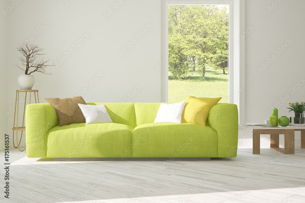 Idea of white room with sofa and summer landscape in window. Scandinavian interior design. 3D illustration Idea of white room with sofa and summer landscape in window. Scandinavian interior design. 3D illustration
