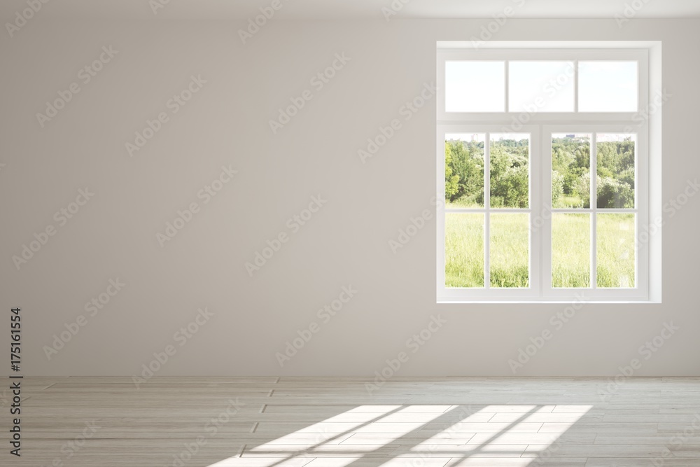 White empty room with summer landscape in window. Scandinavian interior design. 3D illustration White empty room with summer landscape in window. Scandinavian interior design. 3D illustration