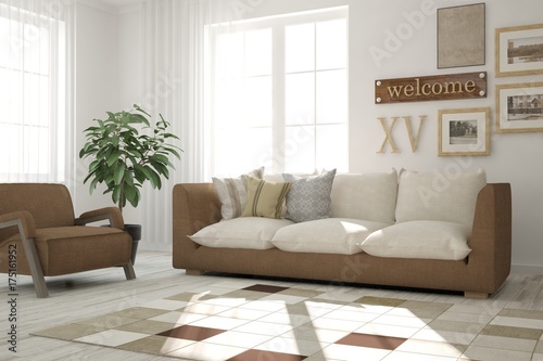 Idea of white minimalist room with sofa. Scandinavian interior design. 3D illustration