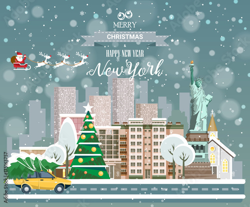 Christmas greeting card. Poster in flat style. Merry Christmas and Happy New Year, New York