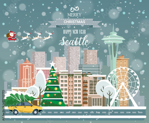 Christmas greeting card. Poster in flat style. Merry Christmas and Happy New Year, Seattle