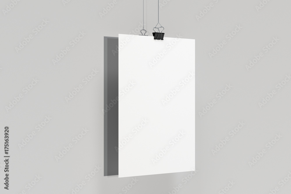 Blank white poster with binder clip mockup on white background Blank white poster with binder clip mockup on white background
